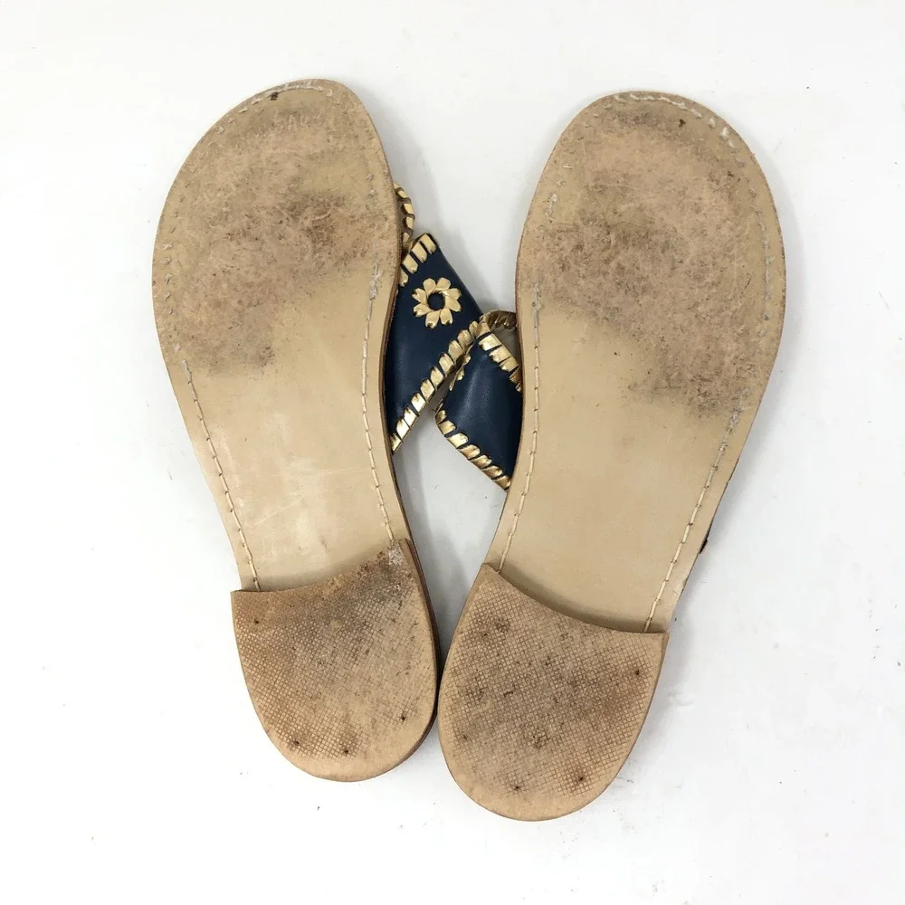 Jack Rogers Womens 10 Navajo Flat Sandals Navy Gold Whipstitch Leather Thong